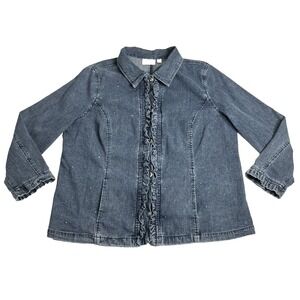 Quacker Factory Denim Shacket Top Women 1X Ruffle Rhinestone Studded Embellished